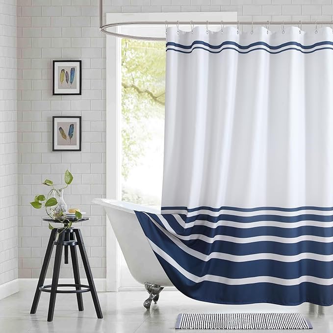 72x90 Inch Extra Long Shower Curtain, Blue and White Ombre Striped Waterproof Fabric, Modern Hotel Spa Design with 12 Rustproof Grommets & Weighted Hem