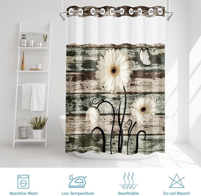 No Hook Vintage Flower Shower Curtain with Snap in Fabric Liner Set, Daisy Wooden Boards Double Layers Waterproof Fabric with See Through Top Window Open Grommet Bath Curtain 71x74 Inch