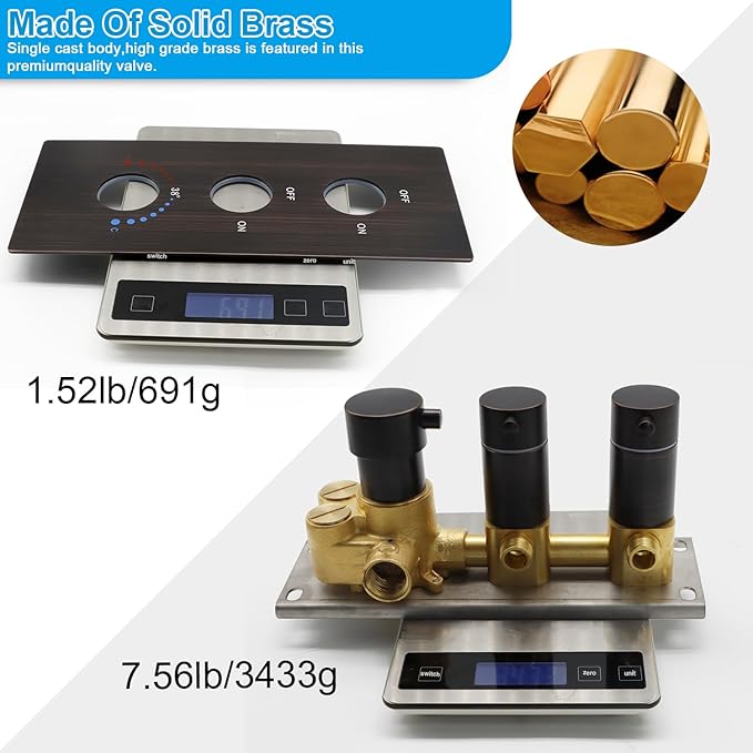 2 Way Shower Diverter Valve Brass Dual Functions Thermostatic Shower Mixing Valve Kit 3 Handle Flow Control Valve, 3/4 Inch Inlet, Can Run Simultaneously, Oil Rubbed Bronze