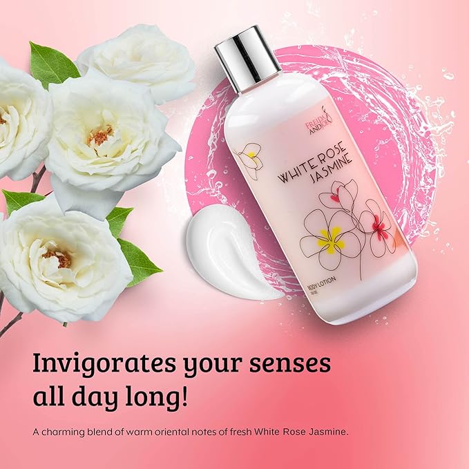 Home Spa Gift 10oz Deep Moisturizing Fragrance Body Lotion & 8 oz. Fine Fragrance Body Mist Set Luxury Self-Care Combo for Women & Girls (White Rose Jasmine)