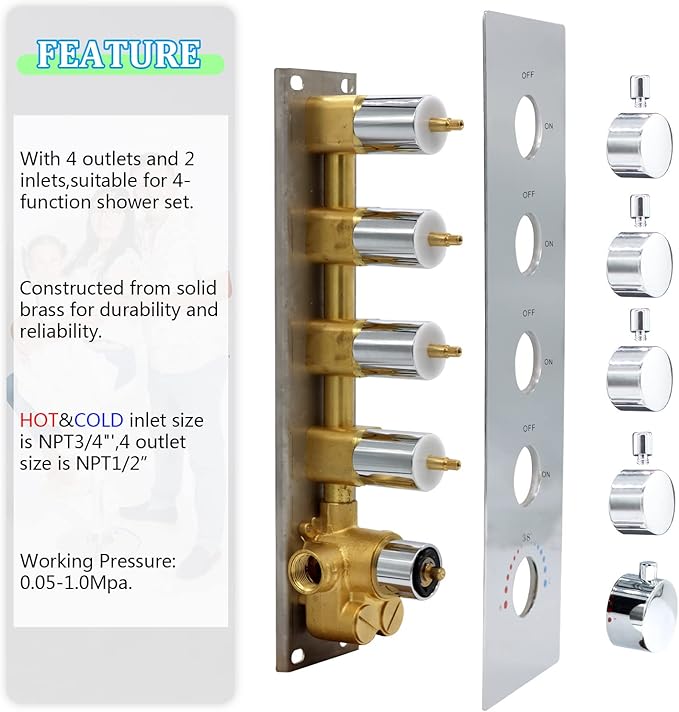 HOMEDEC 4-Way Shower Diverter Valve Can Run Together, Concealed Thermostat 5 Handles Shower Control Valve Flow Bathroom Faucet Mixer Valve Kit in Chrome