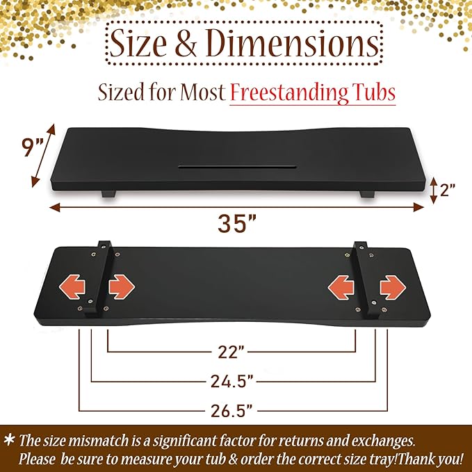 Stylish Black Bamboo Bathtub Tray Caddy with Adjustable Legs, Minimalistic Design Bath Tray for Tub, Bathtub Accessories, Fits Most Free Standing Bath Tubs, Idea for Women