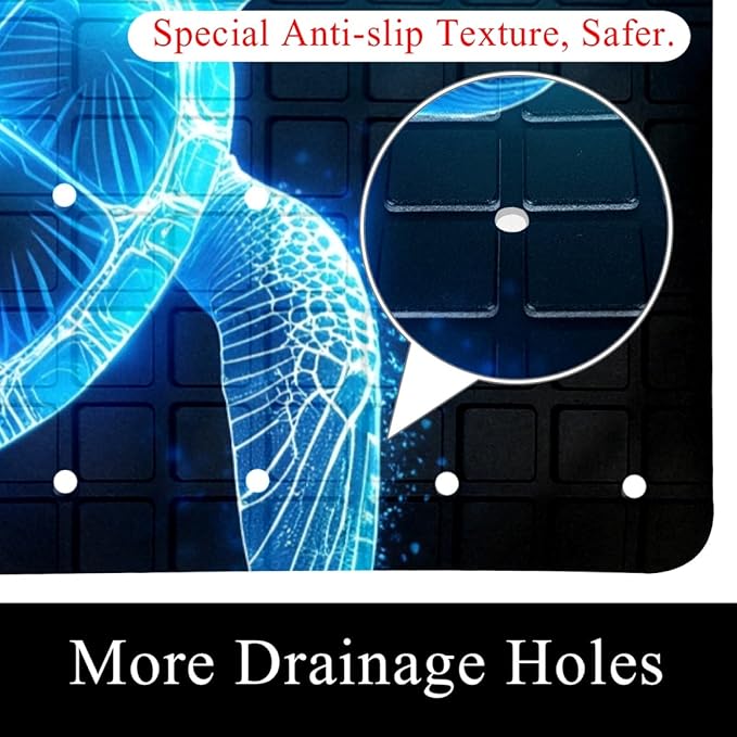 Bathtub Mats for Shower Tub, Anti-Slip Bath Mats for Inside Tub, Bathroom Shower Mats with Drain Holes and Suction Cups (Art Glowing Ocean Turtle Neon Blue Pattern)