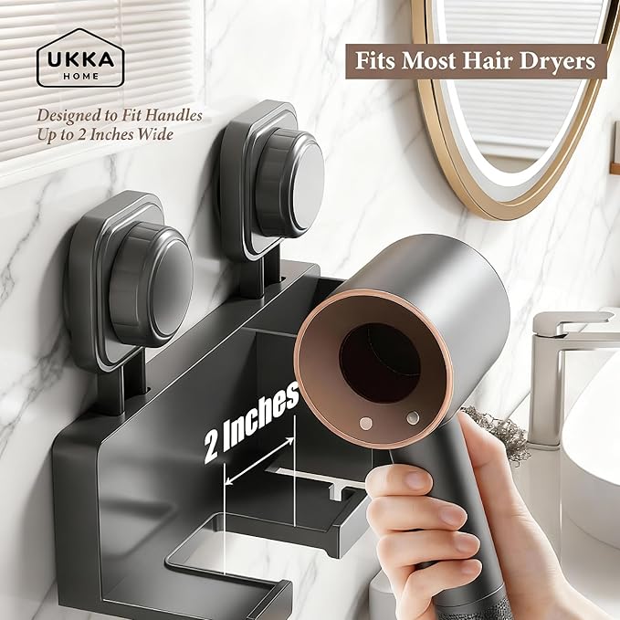 Suction Cup Hair Dryer Storage Organizer with Shelf & Hooks for Bathroom. Reusable, ABS Plastic, Rustproof, Wall Mounted. No Drill, No Glue, Nail Free (Gray, Standard)