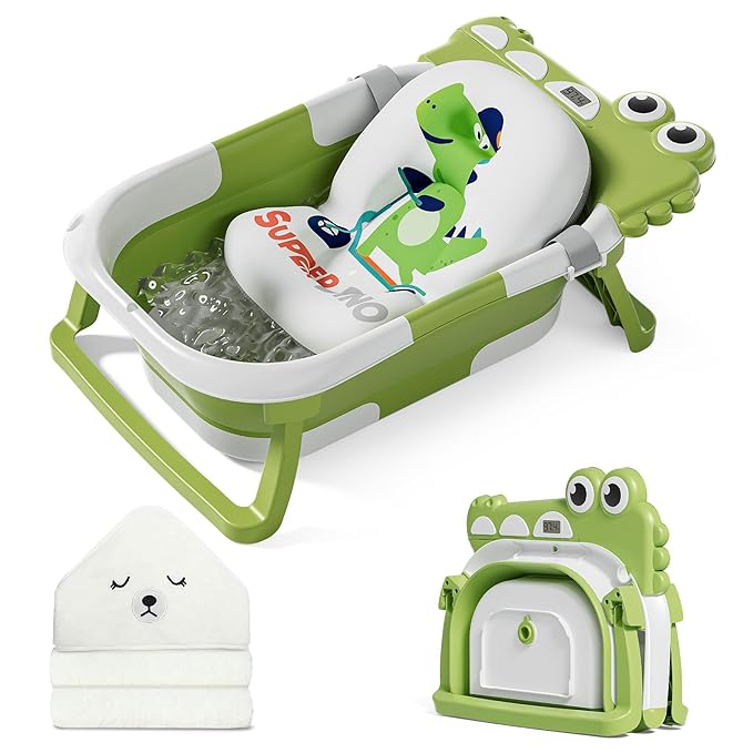 MoreFeel Collapsible Baby Bathtub for Newborn with Thermometer & 1 Hooded Towel & 1 Soft Floating Cushion,Portable Travel Bathtub with Drain Hole, Durable Foldable Baby Tubs for Infants to Toddler