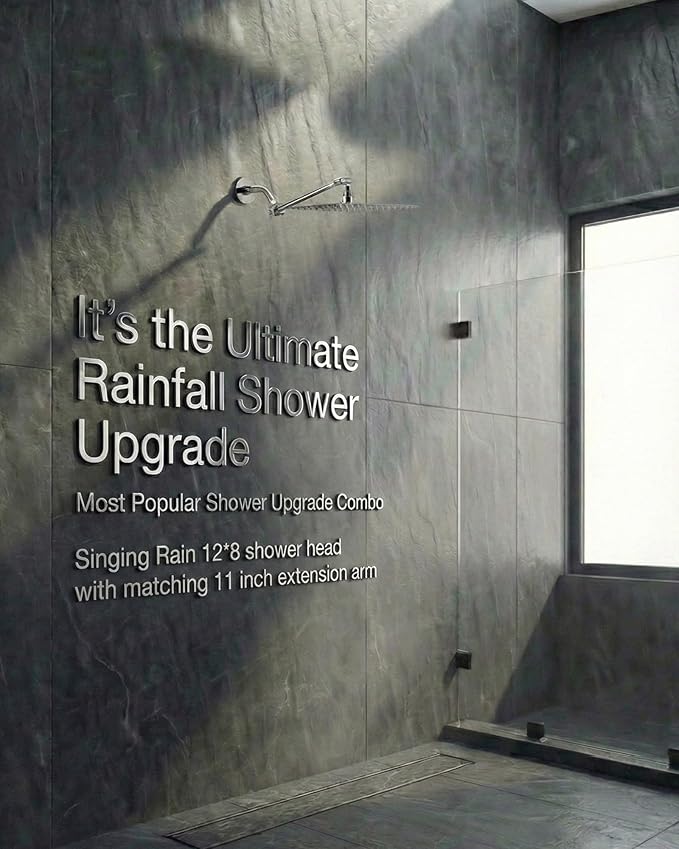 All Metal Rain Fixed Shower Head, 12 * 8'' High Pressure Rainfall Rectangle Showerhead with 11" Shower Head Extension Arm, Waterfall fixed Showerheads, Chrome