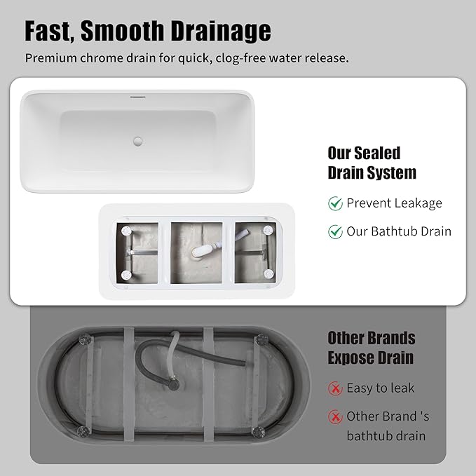 Freestanding Bathtubs 67 inch Acrylic Stand Alone Tub – Black Exterior White Interior, Chrome Drain, Ergonomic Oval Design, Modern Freestanding Tub for Bathroom, Family or Guest Use
