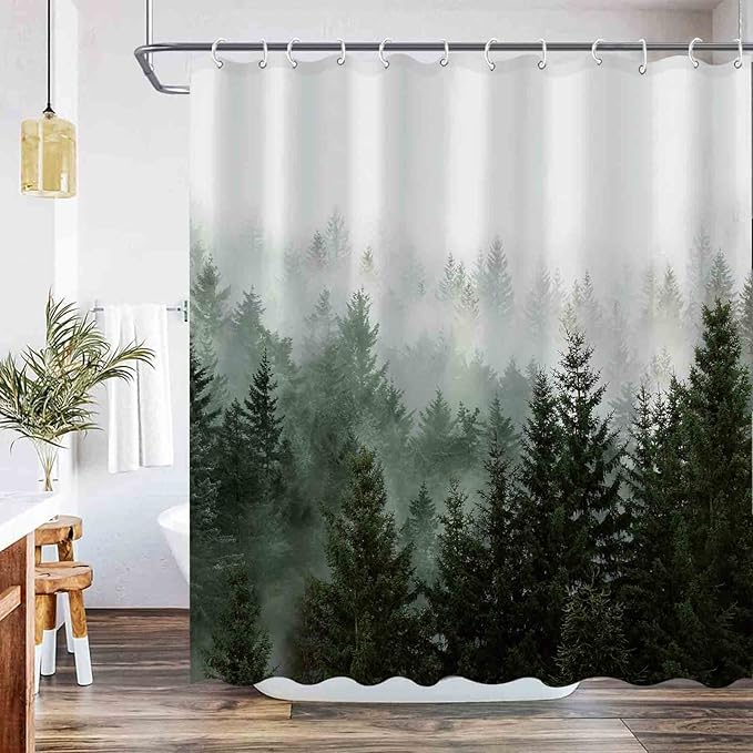 Aipon Green Misty Forest Shower Curtain Nature Tree Shower Curtain Set Dark Green Fabric Waterproof Shower Curtains for Bathroom Decor with 12 Hooks (72'' × 84'', Green4)