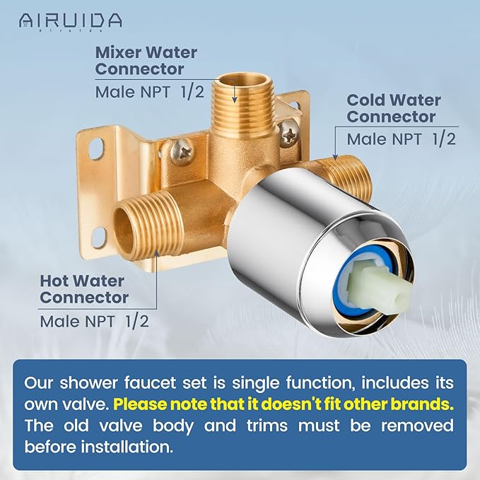 Airuida Square Single-Function Brass Faucet Shower Rough-in Valve Male Thread Bathroom Trim Kit Single Handle Tub Shower Valve 5.5 Inch Cover Plate Chrome Polish