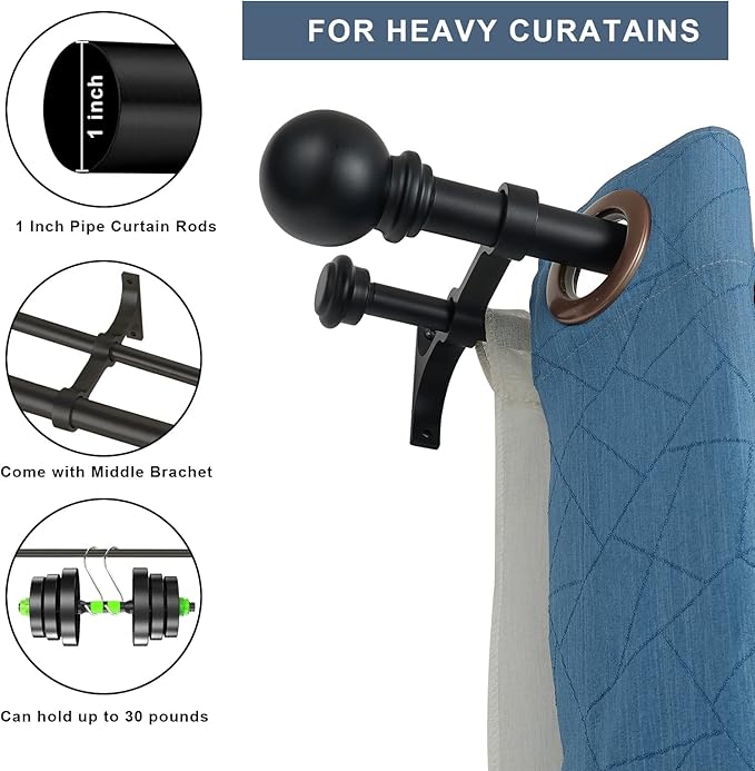 Double Curtain Rod 28 to 48 inch, Adjustable 1 inch Double Drapery Rod Rods for Windows and Doors with Ball Round Finials and Premium Aluminum Brackets Set (28-48",Matte Black)