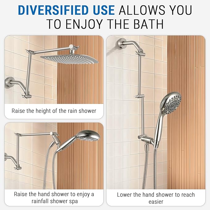 G-Promise 18 Inch Shower Head Extension Arm, Solid Brass Height & Angle Adjustable Extender, Rise or Lower Rainfall and Fixed Shower Head (Brushed Nickel)