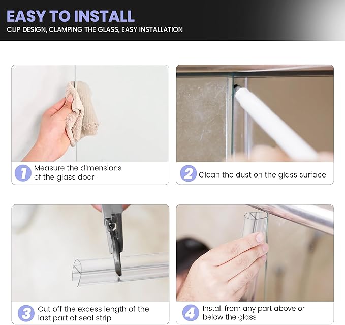 Bathroom Shower Door Seal Strip, 2PCS 78 Inch Shower Door Bottom&Side Seal Strips, U-Type PVC Transparent Shower Door Seal Strip for 5/16"(8MM) Frameless Shower Door