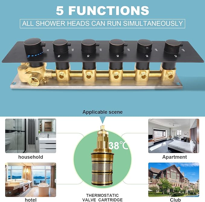 Can Run All Functions Together 5-Way Shower Diverter Valve Kit, HOMEDEC Concealed Brass Thermostatic Mixer Valve Handles Control Outlets Shower Flow(Oil Rubbed Bronze, Vertical installation)
