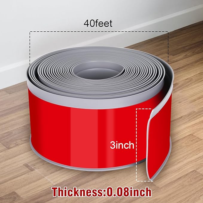 Vinyl Baseboard Molding Trim 3 Inch x 40 Feet Peel and Stick Baseboard Trim Flexible PVC Cove Base Moulding Self-Adhesive Trim for Garage Bathroom Cabinet Floor Walls, Gray