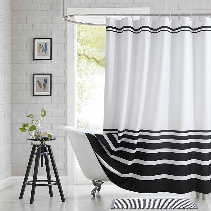 Extra Long White and Black Striped Shower Curtain 72x84 Inches, Waterproof Fabric with Modern Gradient Lines, 12 Rustproof Grommets & Weighted Hem