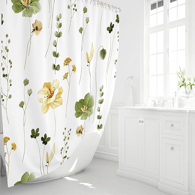 Gibelle Small Stall Shower Curtain 36 x 72, Narrow Half Watercolor Floral Fabric Shower Curtain, Olive Green Beige Flower Decorative Bathroom Shower Curtain Set