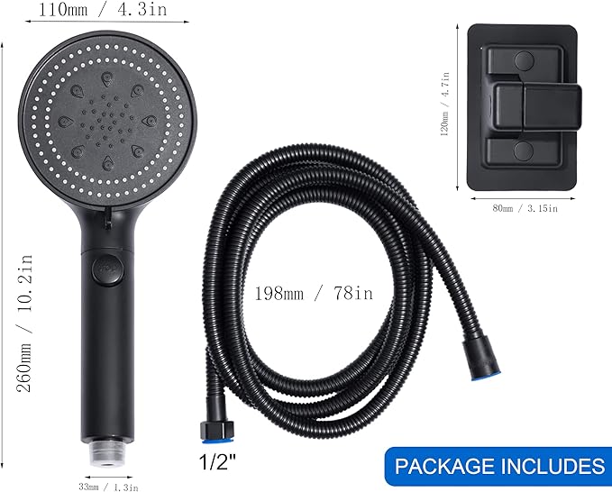 High Pressure Handheld Shower 5-Settings、Leakproof Extra Long 78 Inch Stainless Steel Hose、Adhesive Shower Head Holder（Height/Angle Adjustable）、Matte black(Classic)、ON/OFF Pause Switch