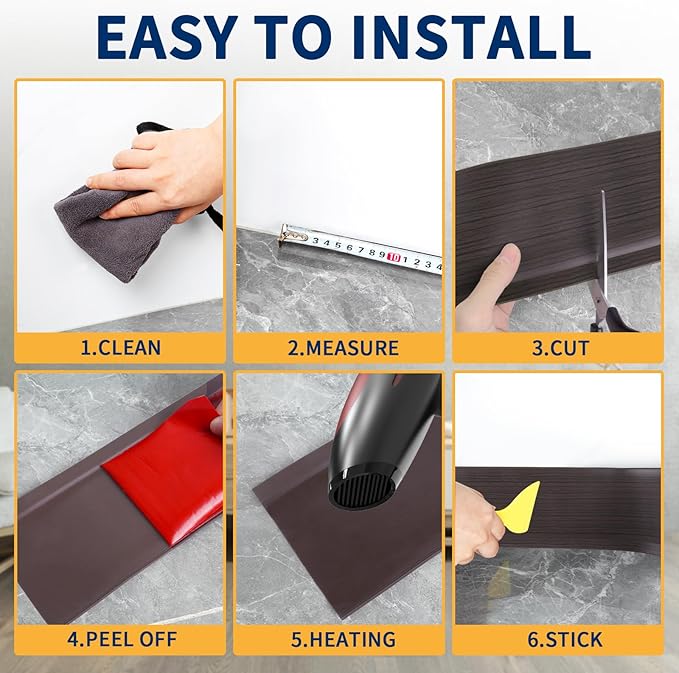 Flexible Baseboard Molding Trim 4 Inch Self-Adhesive Vinyl Wall Base Peel and Stick Cove Base Rubber Wall Baseboard Moulding Trim (200Ft, Dark Walnut Wood Grain)