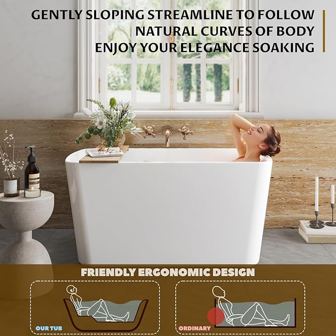 49" Acrylic Freestanding Bathtub, Modern Deep Soaking Tub, cUPC Certified Free Standing Tub, Chrome Drain/Overflow, White Acrylic, Square White