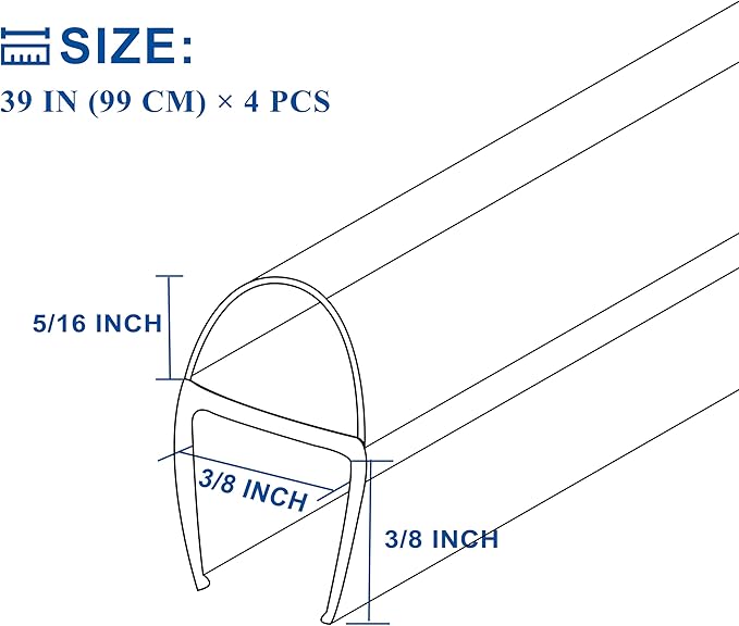 Frameless Shower Door Seal Strip 4 Pack x 39 Inch U for 3/8" Thick Glass Shower Door Side Seal Strip Bottom Seal Door Sweep Ultra Clear Polycarbonate, Stop Showers Leaks Create A Water Barrier