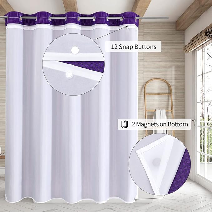 MitoVilla Extra Long Shower Curtain Liner Set, Purple 86 inch XL Waffle Fabric Shower Curtains with Snap-in Liner for Luxury Hotel Grade & Spa-Like Bathroom Decor, No Hooks Needed