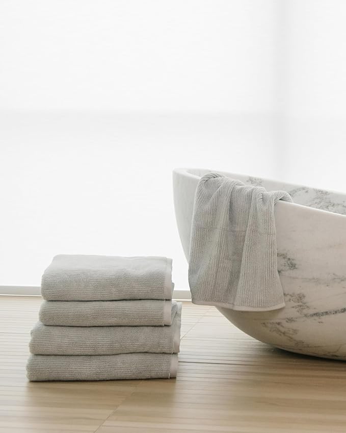 Cozy Earth Ribbed Bath Sheet Set - 60% Cotton 40% Viscose from Bamboo Bath Sheets - Soft & Absorbent Textured Ribbed Pattern - 2 Pack Light Grey