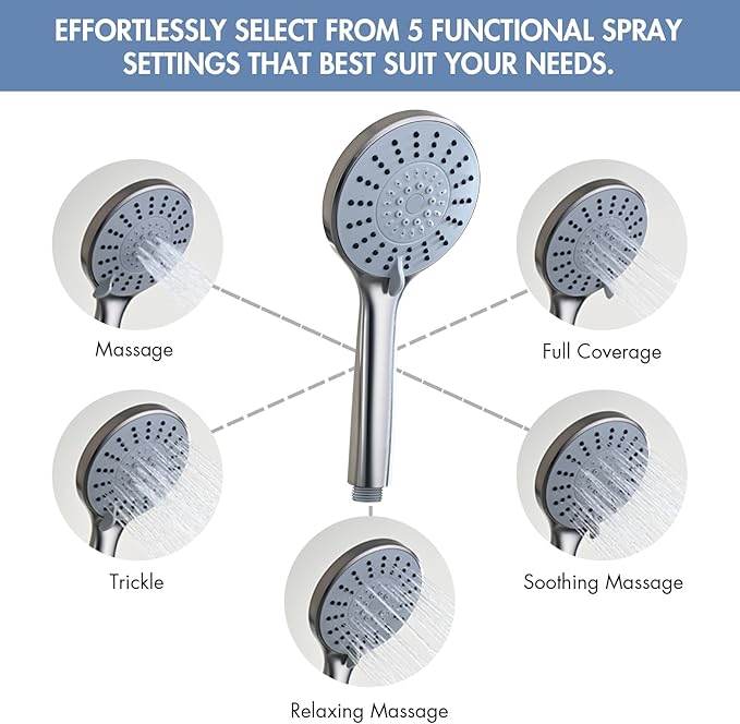 Adjustable Shower Slide Bar with 5-Function Handheld Shower Head, Stainless Steel Drill-free Mounted Slide Bar Combo with Extra Hose (Brushed Nickel)