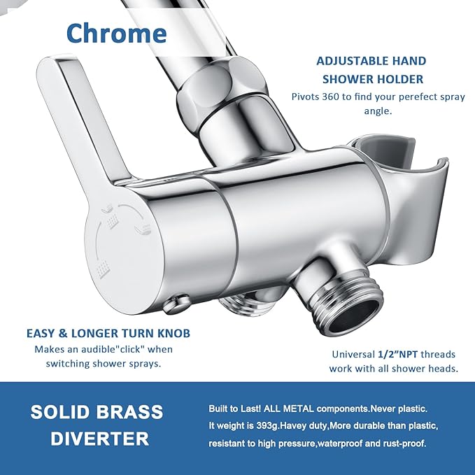 3 Way Shower Diverter Valve with Hand Shower Holder, G1/2 Shower Head Splitter, Shower Arm Diverter (Chrome)