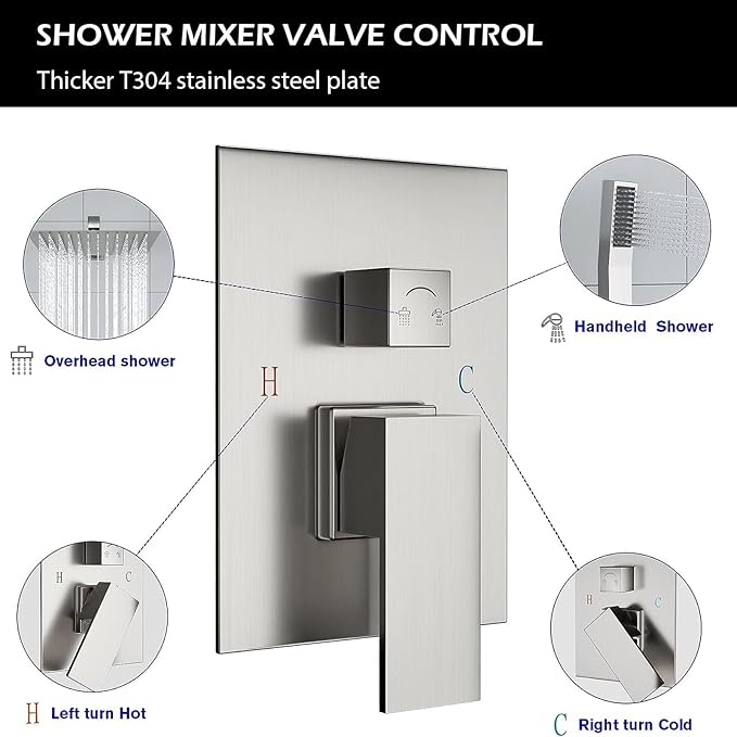 Lordear Rain Shower System 10 Inch Faucet Set Brushed Nickel Finish Stainless Steel Square Rainfall Shower Head with Handheld, Solid Brass Valve Included