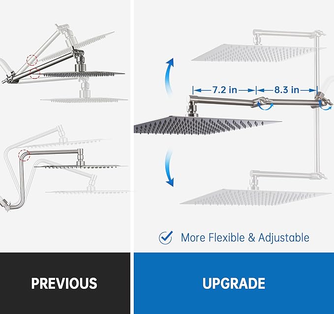 G-Promise 16 Inch Shower Head Extension Arm, Solid Brass Height & Angle Adjustable Extender, Rise or Lower Rainfall and Fixed Shower Head (Brushed Nickel)