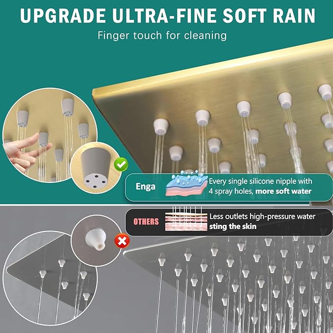 Enga Shower Faucet Set, Dual Shower Head System with Body Jets, 10" & 6" Rain Showerheads with 4 Jets, 2 in 1 Handheld Spray, 4 Way Shower Diverter, Brushed Gold