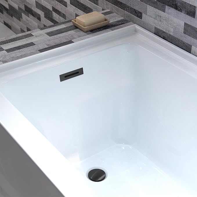 WOODBRIDGE 60" Acrylic Rectangular Alcove Soaking Bathtub in White with Left Drain, Matte Black pop-UP Drain Included BA6030L