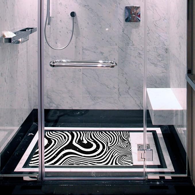 Bath Tub and Shower Mats, Non Slip Bathmat with Drain Holes and Suction Cups for Bathroom Floor, 15.1 x 26.8 Inch (Art Abstract Black and White Lines Pattern)