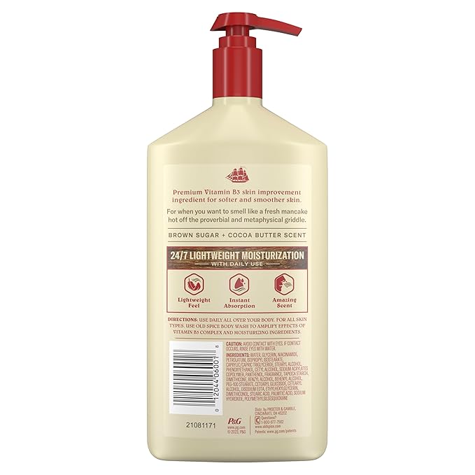 Old Spice Hand, Face & Body Lotion for Men, 24/7 Lightweight Moisturization with Vitamin B3, Instant Absorption, For All Skin Types, Brown Sugar + Cocoa Butter Scent, 16 oz