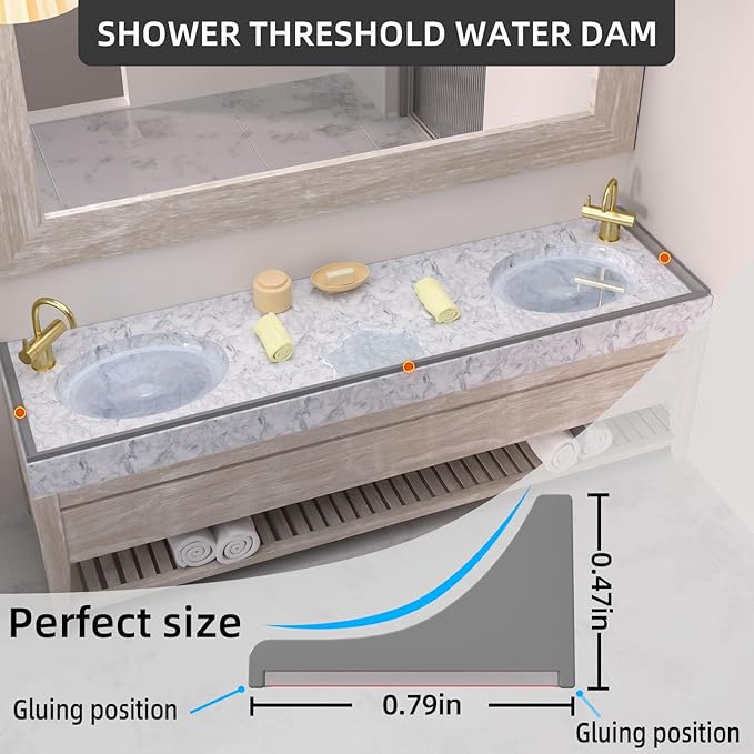 39Inch Collapsible Shower Threshold Water Dam Barrier, Self Adhesive Silicone Waterproof Shower Barrier Water Strip Dam for The Gap Between the Shower Kitchen Countertop Sink and Cooktop