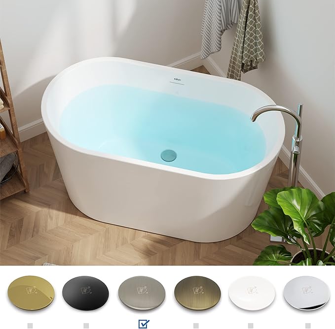 FerdY Shangri-La 47" Acrylic Freestanding Bathtub with Headrest, Small Classic Oval Shape Acrylic Soaking Bathtub with Brushed Nickel Drain & Overflow& Bath Pillow, cUPC Certified