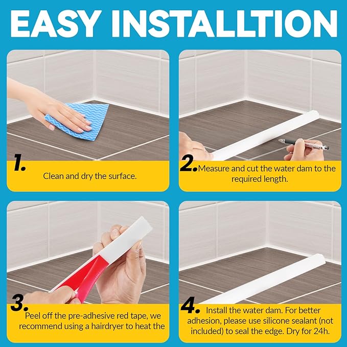 39'' Collapsible Shower Threshold Water Dam Shower Barrier Keeps Water Inside Threshold Dry and Wet Separation Retention System Suitable for Bathroom Kitchen Sink Bathtub