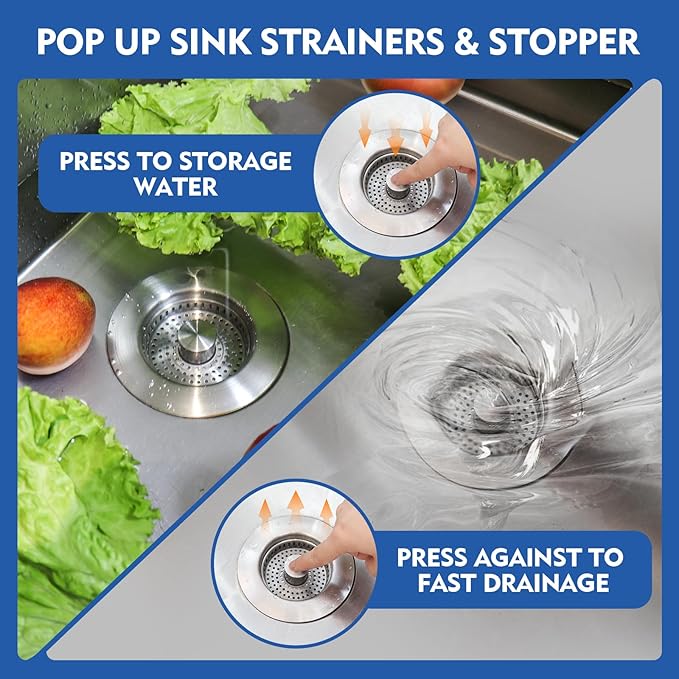 Upgraded 3 in 1 Kitchen Sink Drain Strainer - Stainless Steel Sink Stopper, Anti-Clogging Sink Food Catcher Basket, Fast Drainage Odor Filter Sink Plug