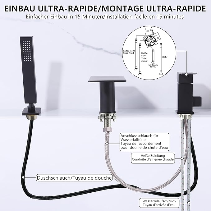 Roman Tub Faucet with Hand Shower, Matte Black Deck Mount Waterfall Tub Faucet High Flow 3 Hole Bathtub Faucets Sets