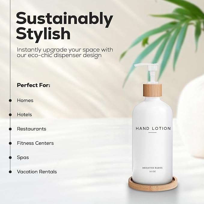 White Glass Lotion Dispenser with Pump Bathroom Set by Brighter Barns - Hand Lotion Dispenser with Tray - Modern Bathroom Decor - Boho Bedroom Decor for Housewarming Gift, Airbnb, Hotel (White)
