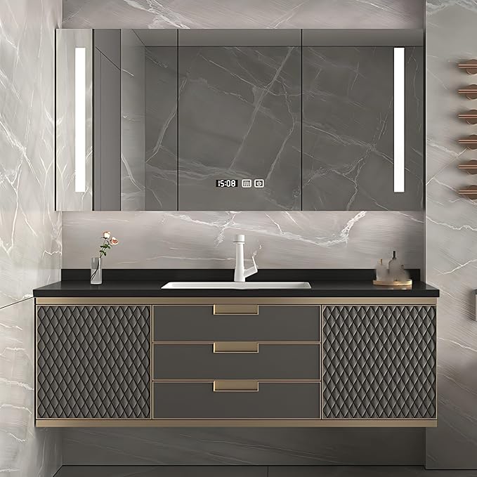 Modern Bathroom Vanity - Wall-Mounted Bathroom Cabinet with LED Light | Intelligent Defogging Mirror Cabinet Includes Time Display Function, 2 Drawers & 2 Storage Cabinets (Style B, 44IN)