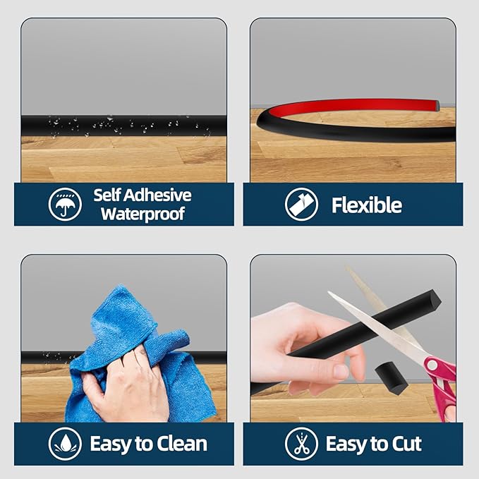 Flexible Quarter Round Molding Trim, Self Adhesive Wall Trim Mini Peel and Stick Rubber Trim Molding for Floor, Bathroom, Kitchen, Countertop, 59" L x 0.5" W x 0.5" H (Black, 59Inch)