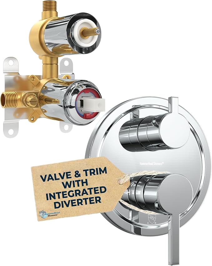 HammerHead Showers Solid Metal Shower Valve and Trim Kit, Two-Handle Volume and Temperature Control with Integrated Diverter, Pressure Balance Rough-In Valve Included, Chrome