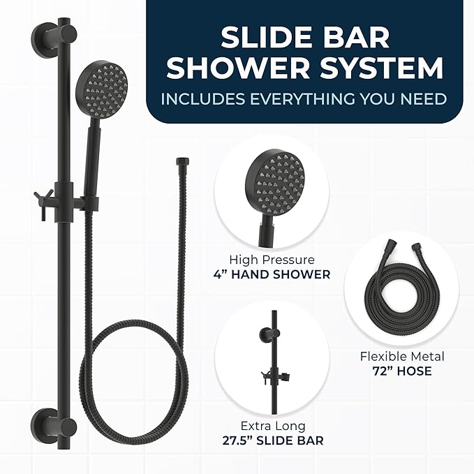 HammerHead Showers® Solid Metal 27.5 Inch Shower Slide Bar Set and Handheld Shower Head with Hose — MATTE BLACK — 2.5 GPM High Pressure Spray Wand — Easily Adjust Height & Angle of Handshower