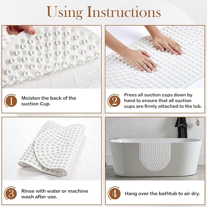 Silicone Bath Mat for Tub Non Slip, Bubble Massage Anti Slip Shower Mat with 27 x 15 Inches for Easy Storage, Washable Bathtub Floor Mats for All Ages, White, Oval