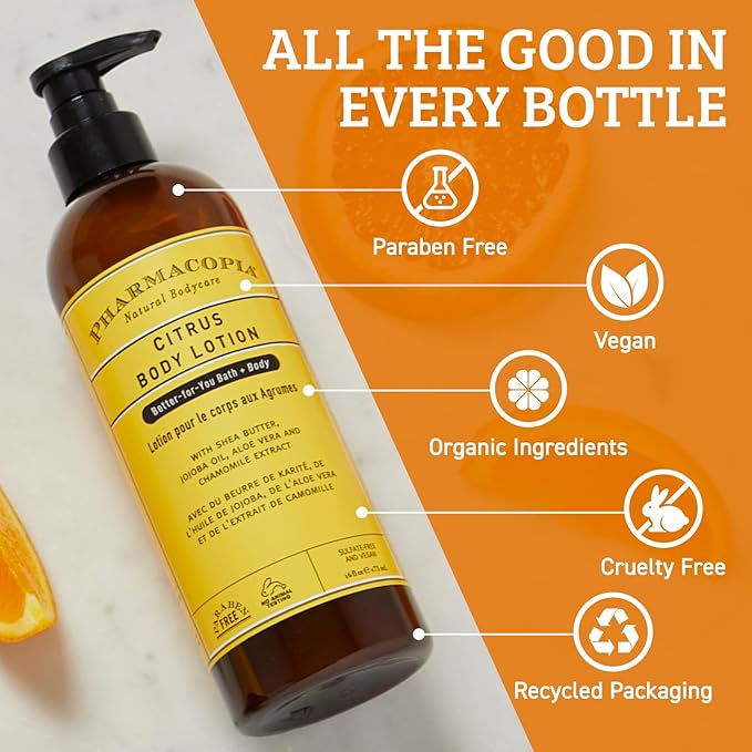 Pharmacopia Citrus Body Lotion - Hydrating Natural Moisturizer with Aromatherapy Benefits - Cruelty-Free Vegan Skin Care - Shea Butter, Aloe Vera, and Jojoba Oil - Lotion for Dry Skin, 16 oz