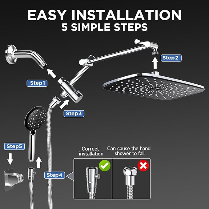 Veken 11.8'' Rain Shower Head with Handheld Spray Combo, Extension Arm for Rainfall Showerhead, Muti-modes Massage High Pressure Hand Held Shower Heads with Hose, Anti-Clog Nozzles & Bathroom(Chrome)