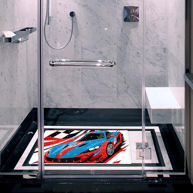 Bath Tub and Shower Mats, Non Slip Bathmat with Drain Holes and Suction Cups for Bathroom Floor, 15.1 x 26.8 Inch (Red and Blue Race Car with Checkered Flag)