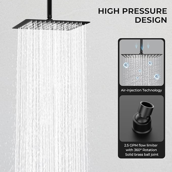 Rain Shower Head, High Flow Stainless Steel Square Rainfall Shower, Waterfall Bath Shower Body Covering, Ceiling or Wall Mount, Ultra Thin (12 Inch, Matte Black)