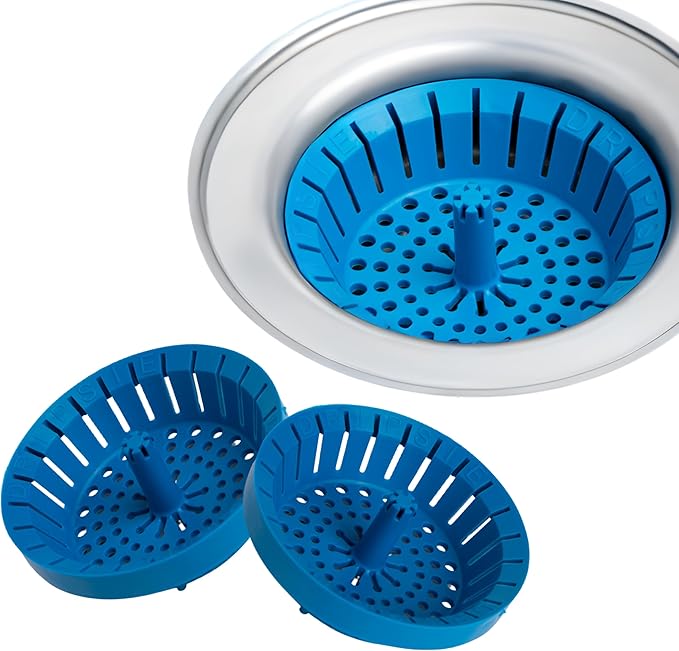 Kitchen Sink Strainer 3.25" - Dripsie Anti-Clog Food Catcher, Flexible Drain Basket, Dishwasher Safe, Standard Fit, Made in USA (3-Pack Blue)